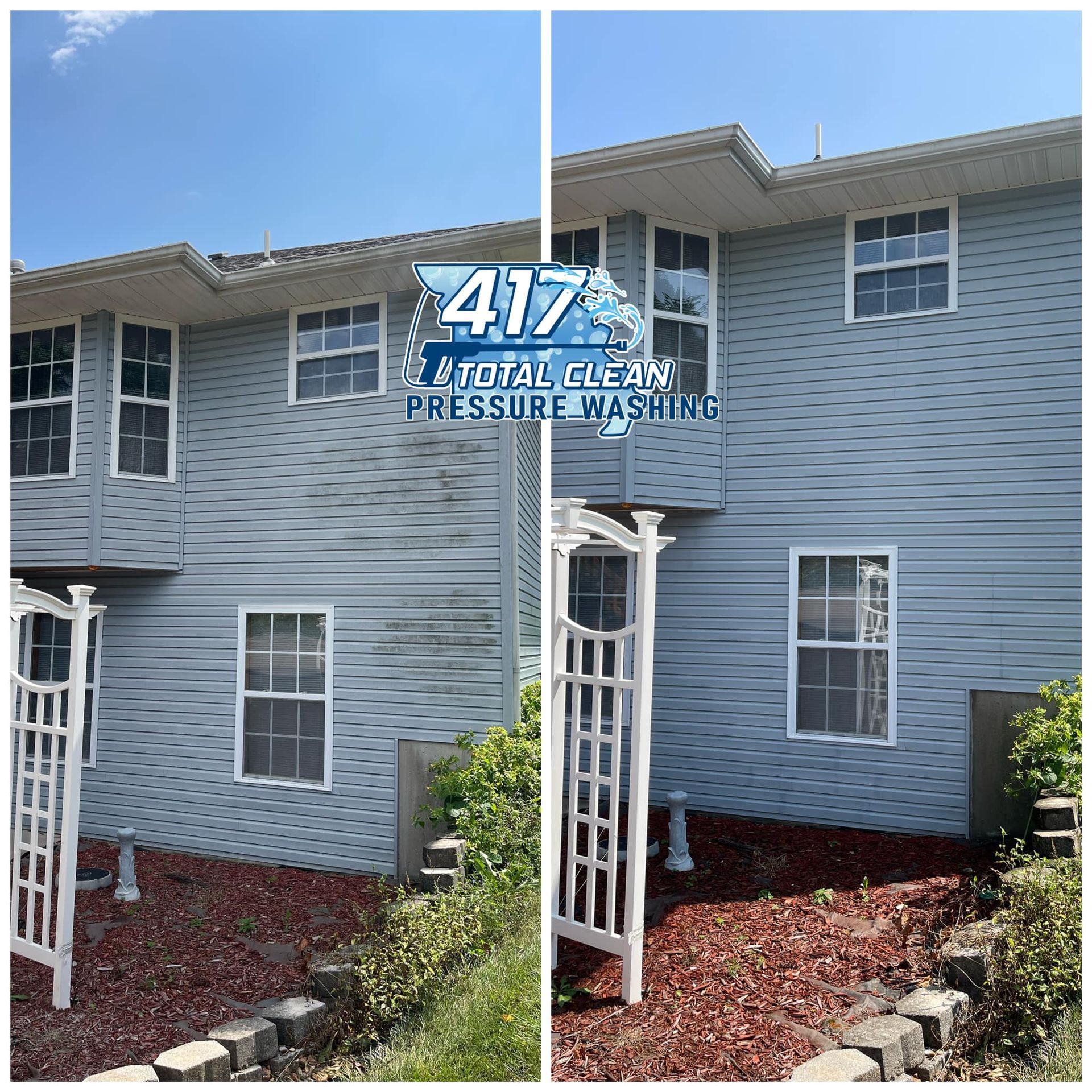 A before and after picture of a house that has been pressure washed.