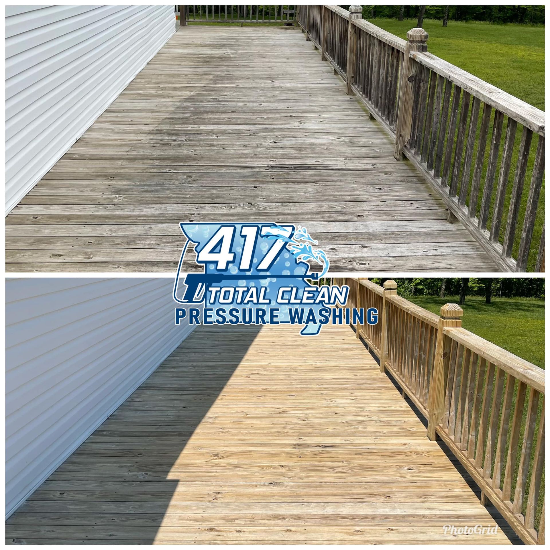 A before and after photo of a wooden deck being cleaned by 417 total clean pressure washing.