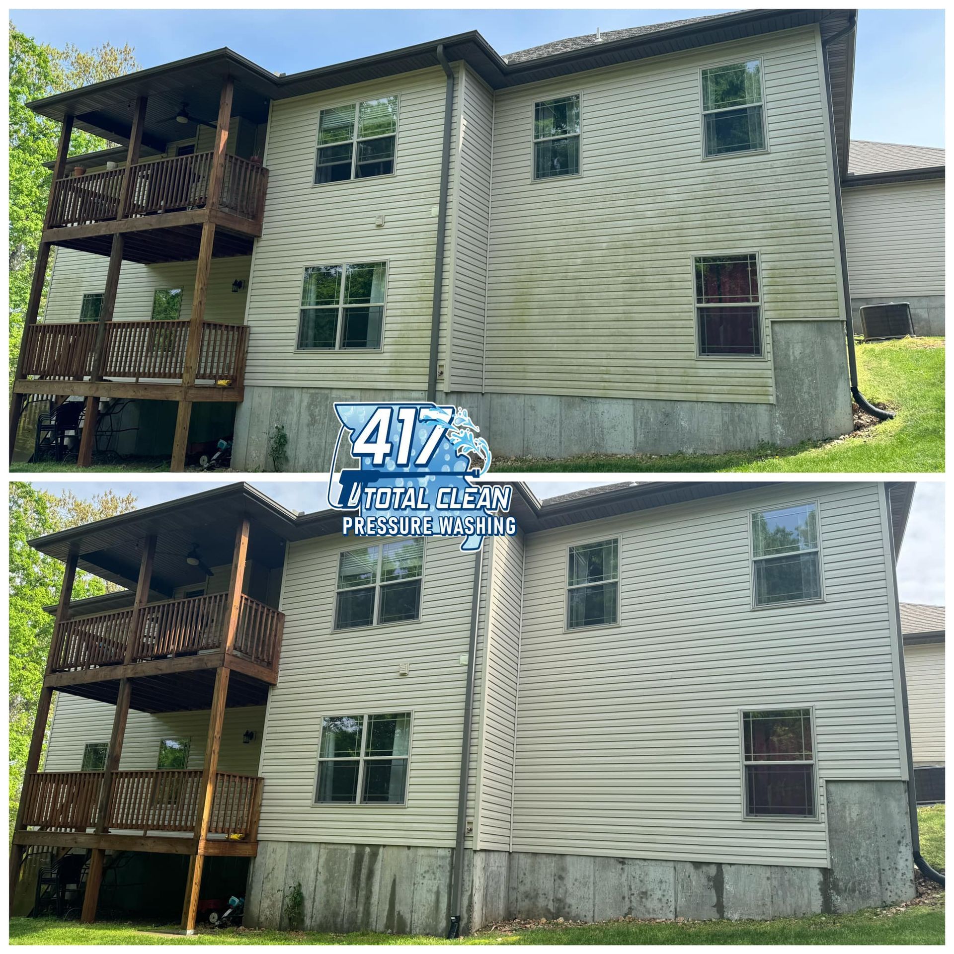 A before and after picture of a house with a deck.