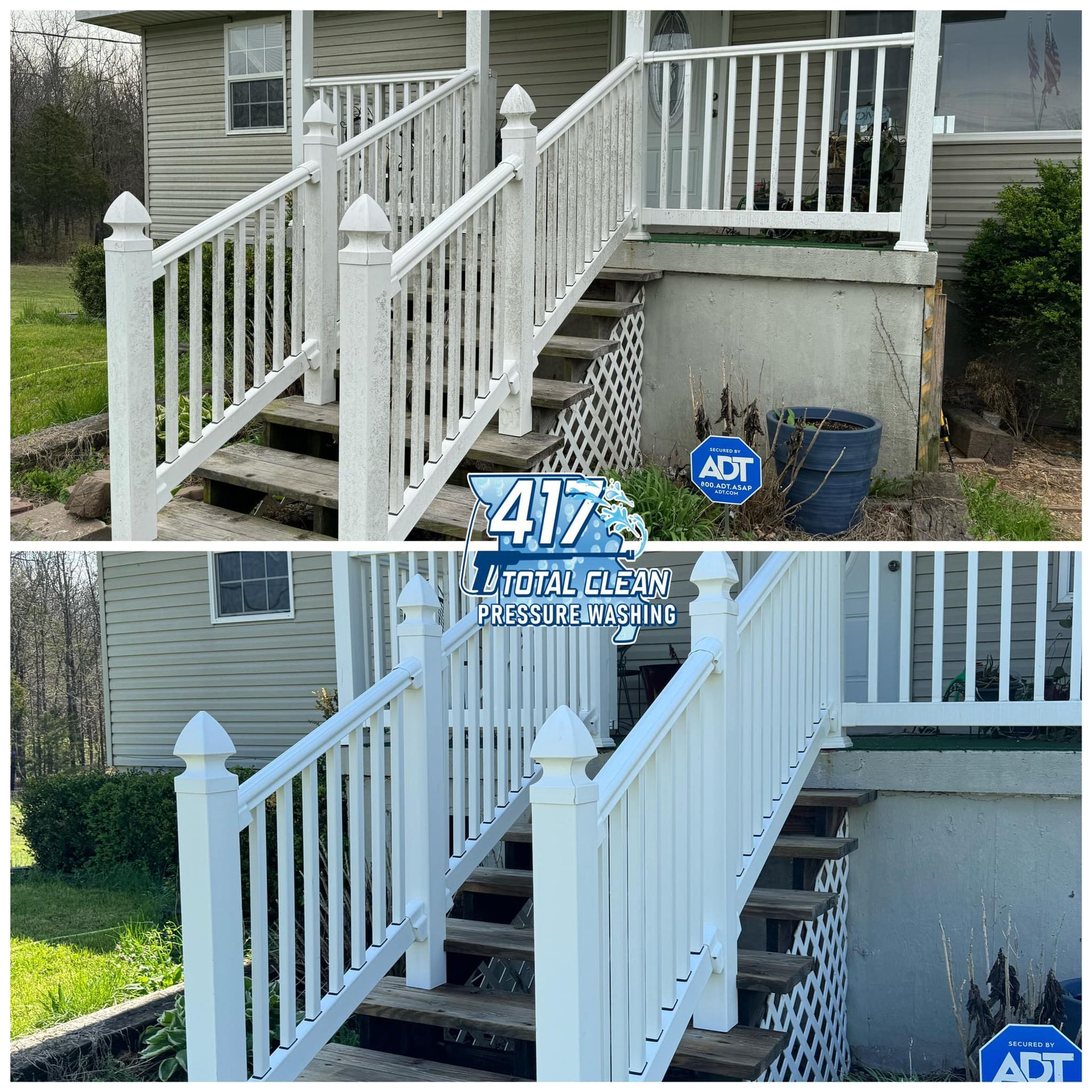 A before and after photo of a white railing on a porch.
