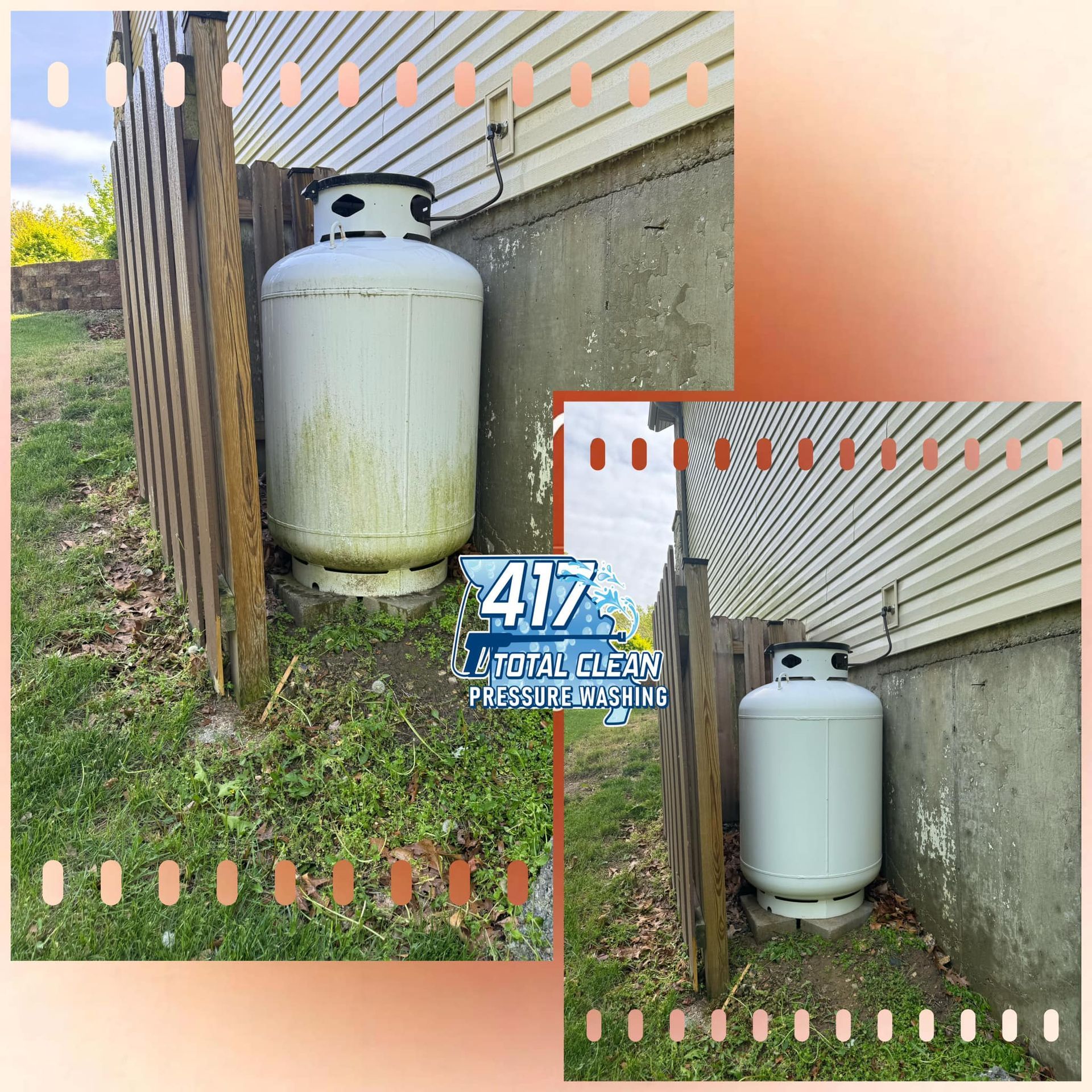 A dirty propane tank is sitting next to a house.