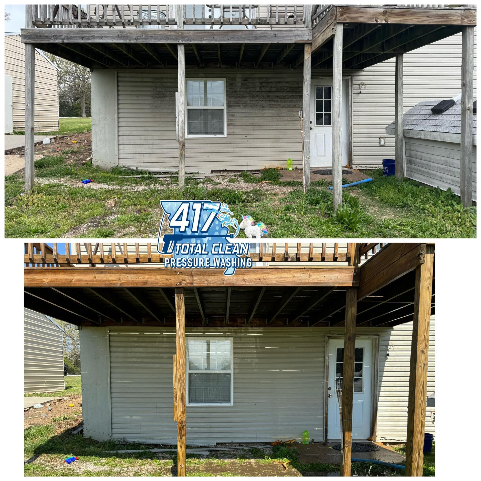A before and after photo of a house with a sign that says 417