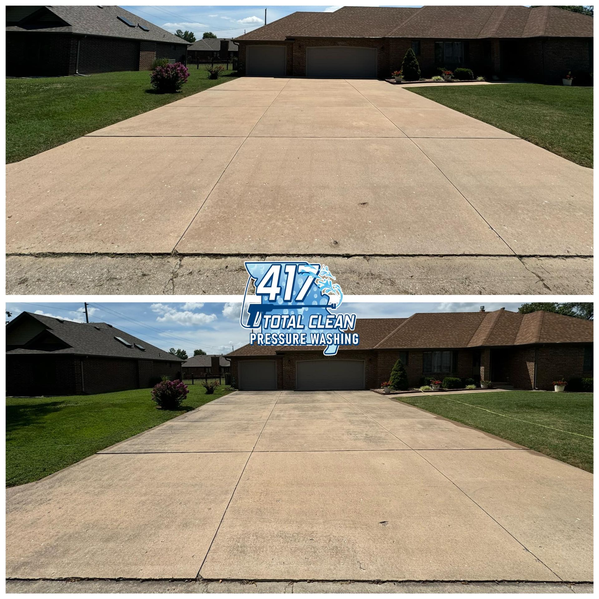 A before and after photo of a driveway with a house in the background.
