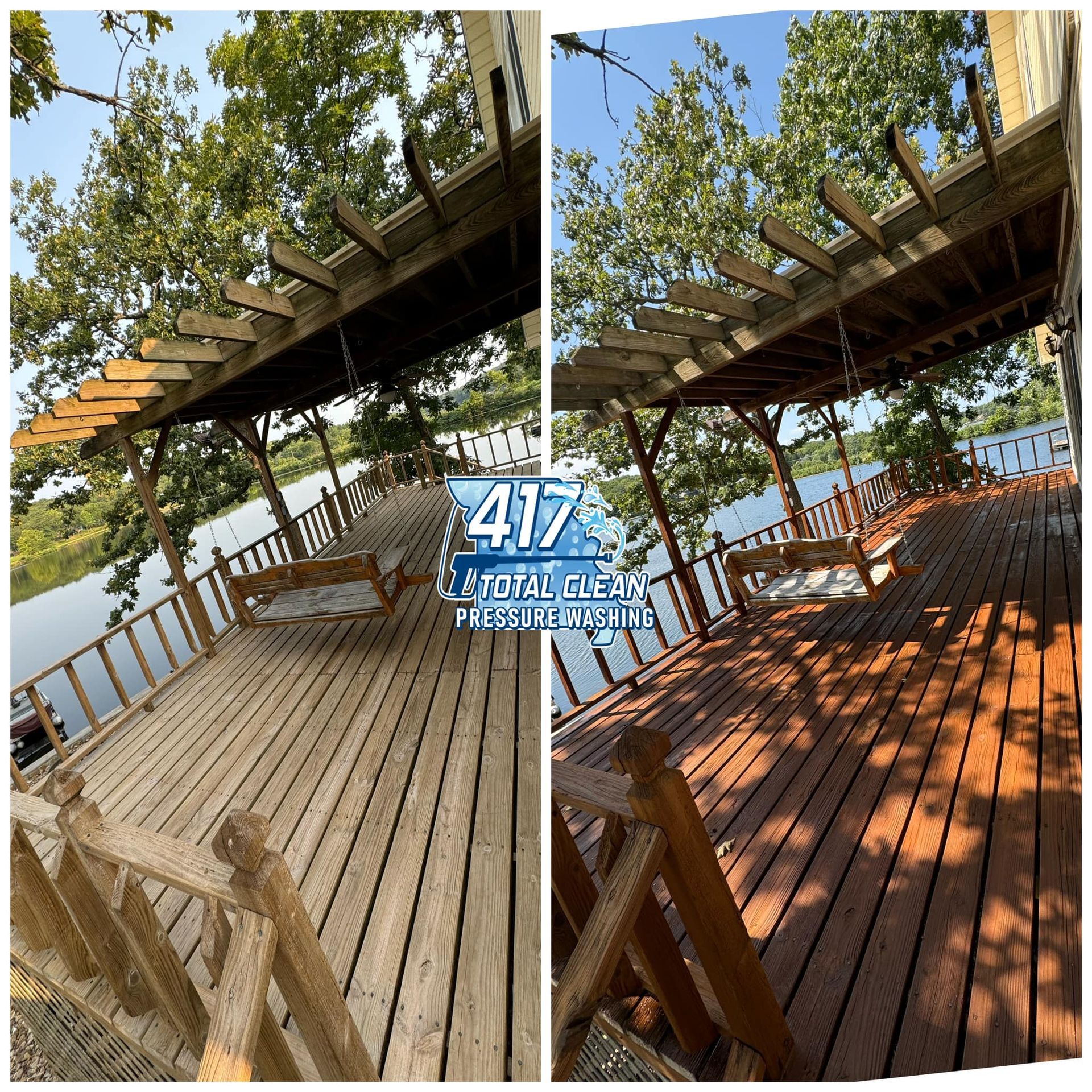 A before and after picture of a wooden deck with a pergola.
