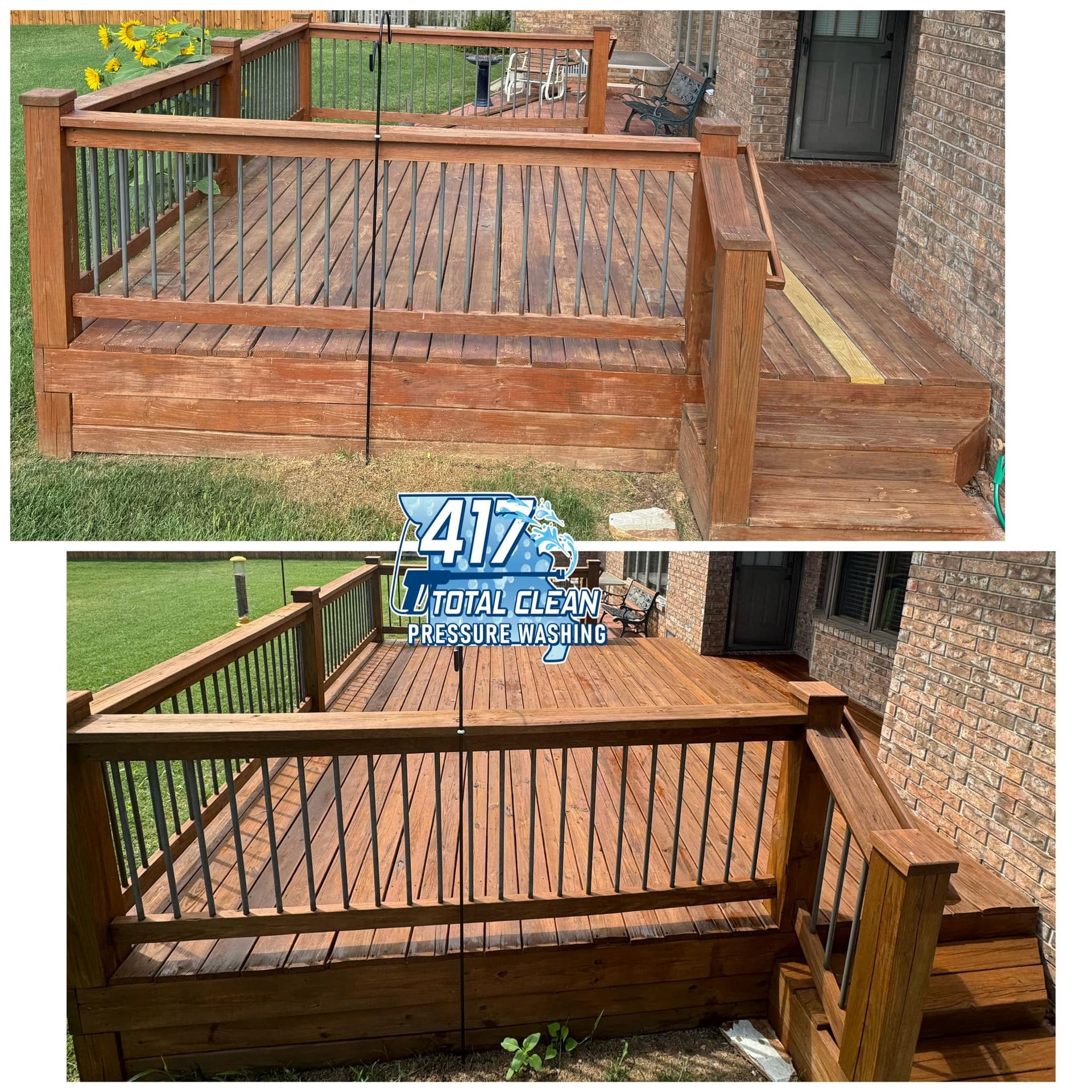 A before and after photo of a wooden deck