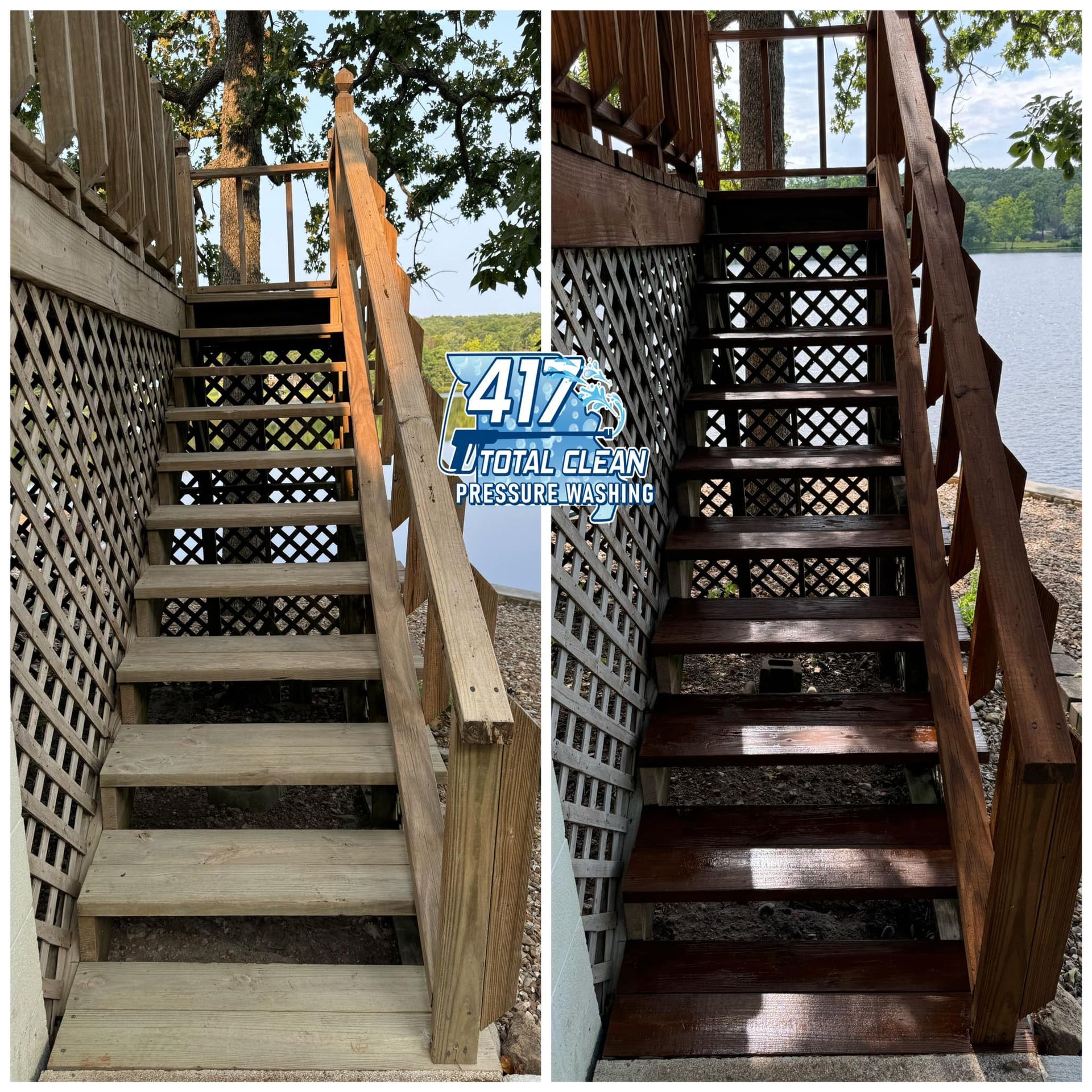 A before and after photo of a wooden staircase.