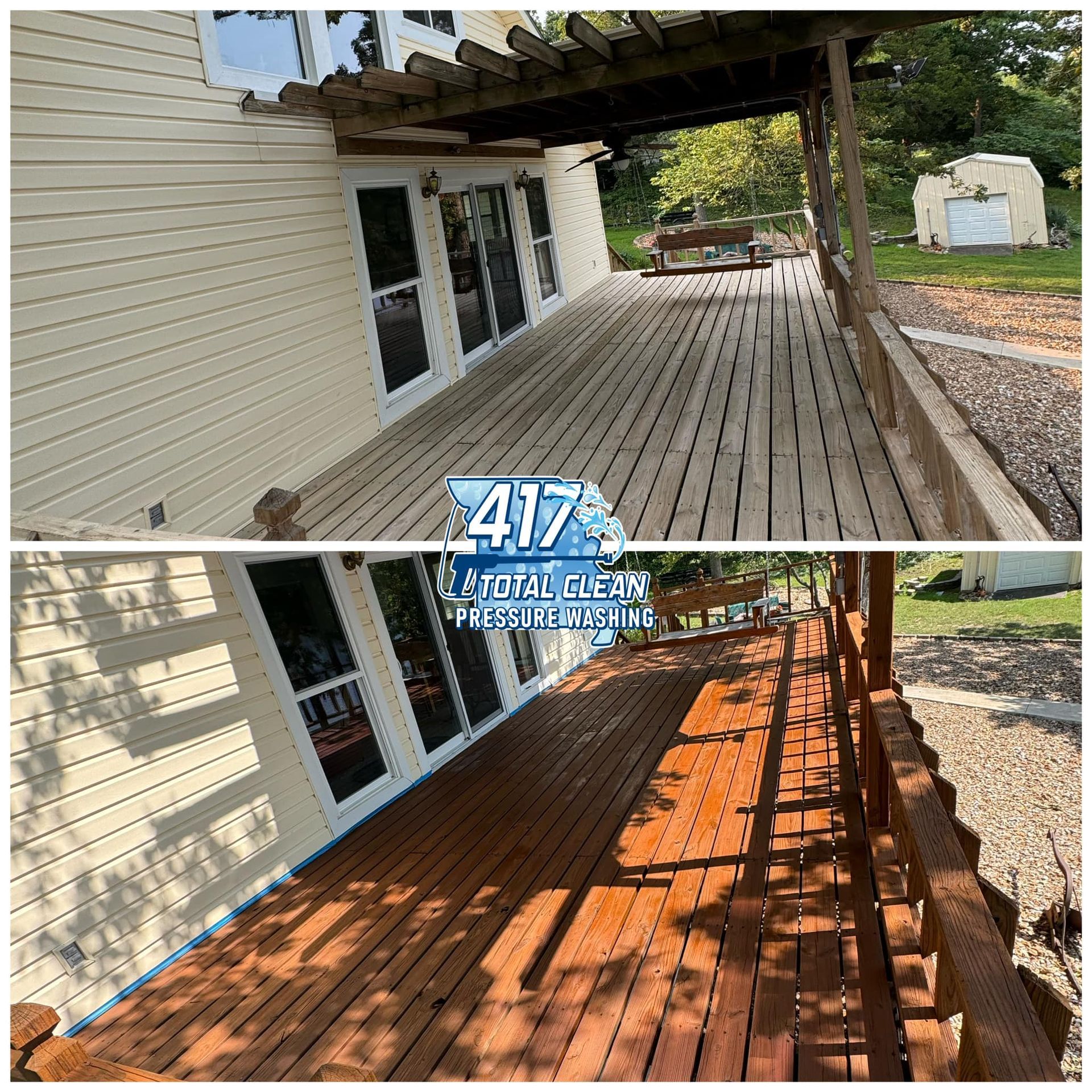 A before and after photo of a wooden deck being cleaned.