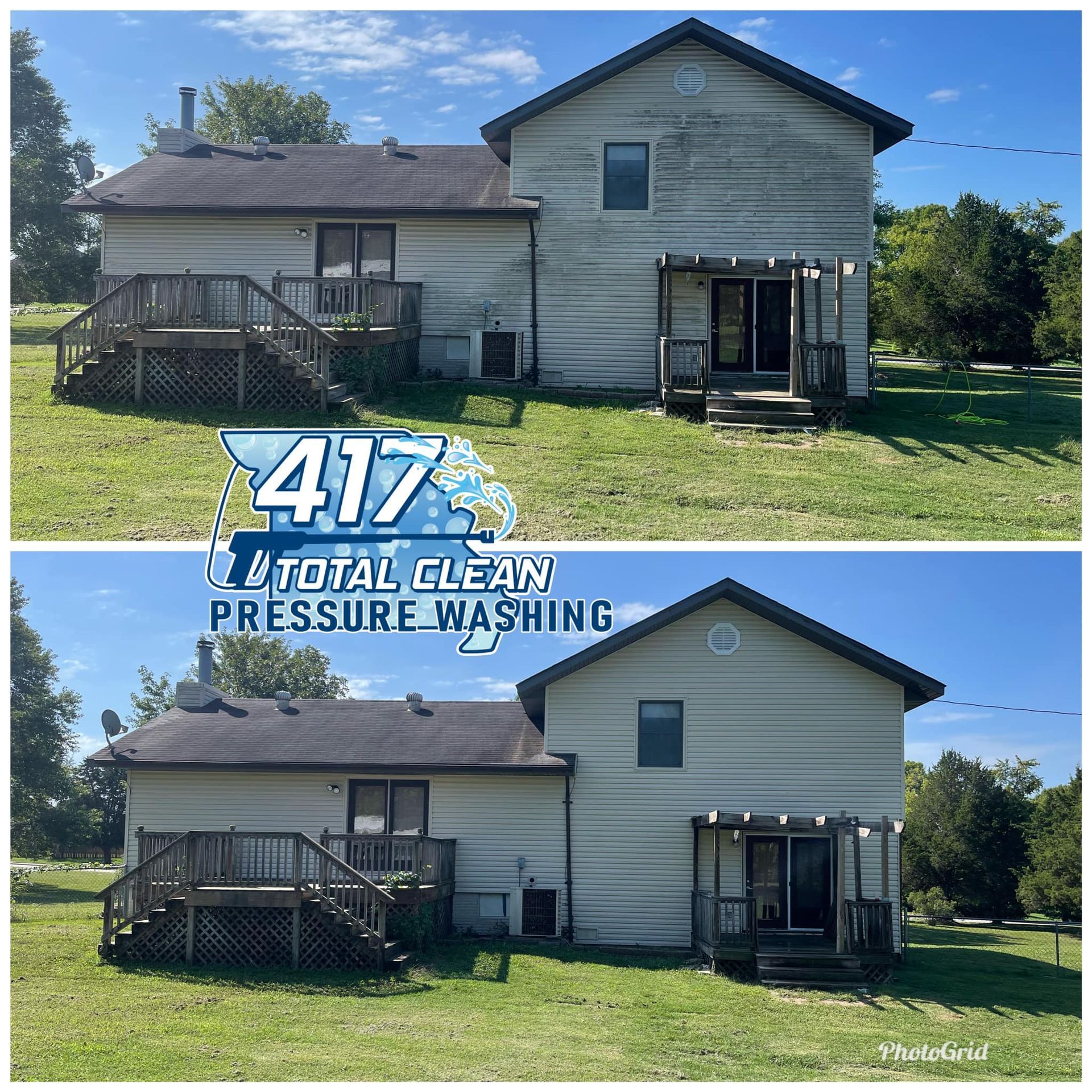 A before and after picture of a house that has been pressure washed.