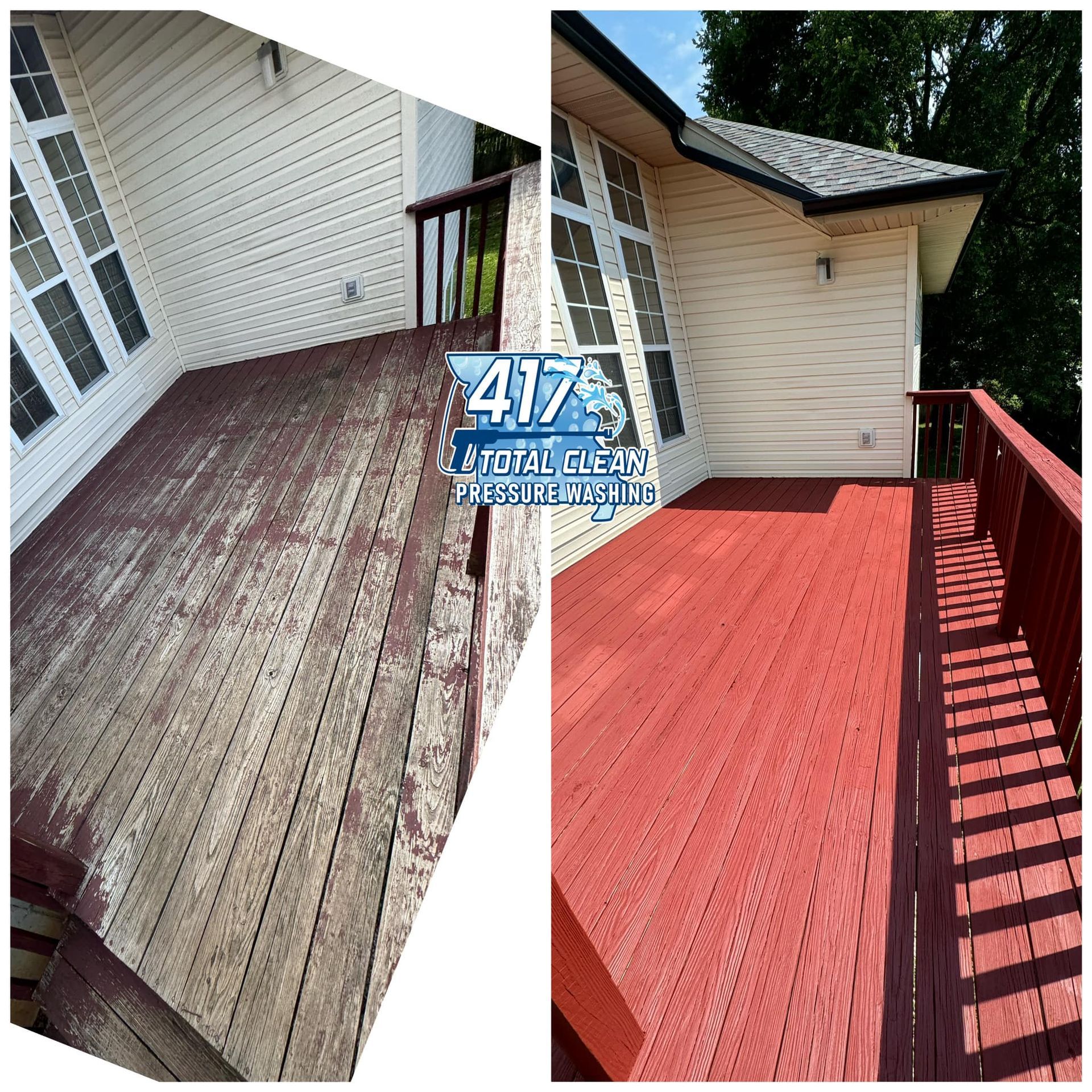 A before and after photo of a deck being painted red