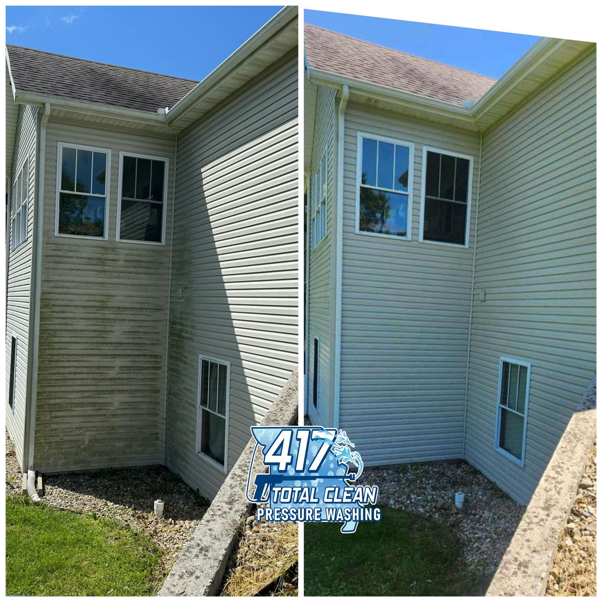 A before and after picture of a house that has been pressure washed.