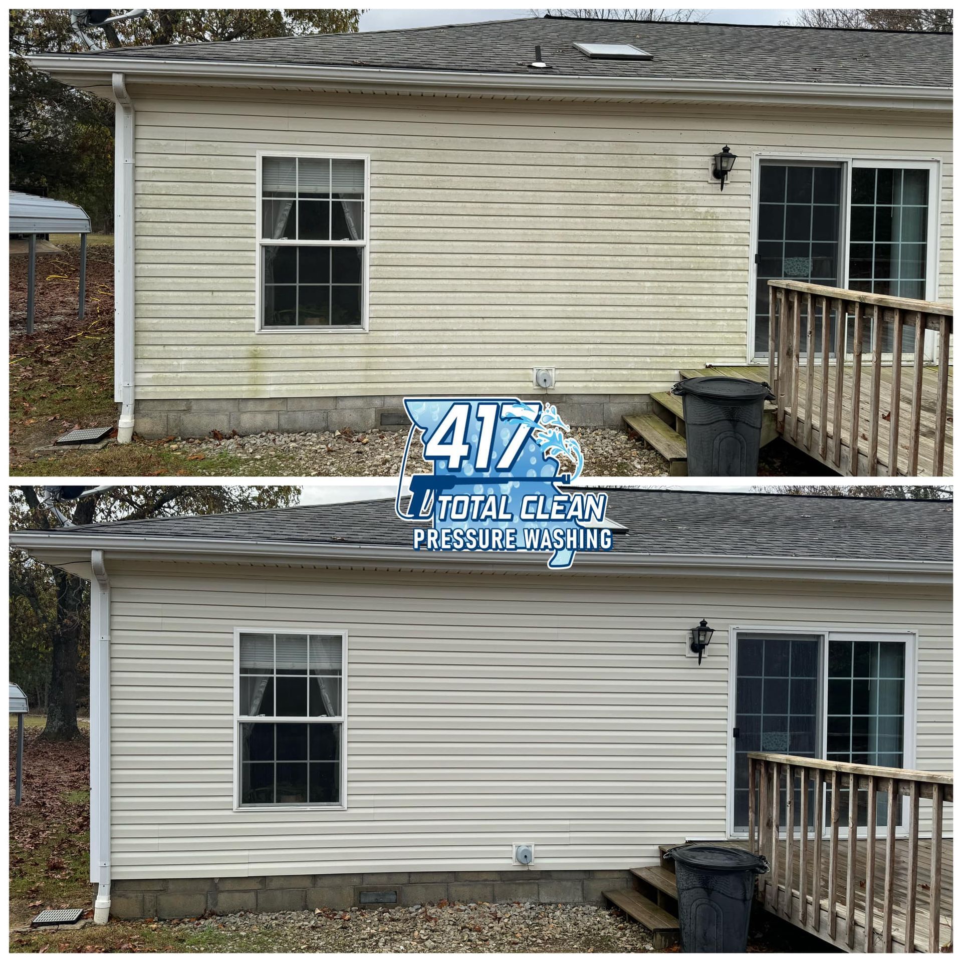 A before and after picture of a house that has been pressure washed.
