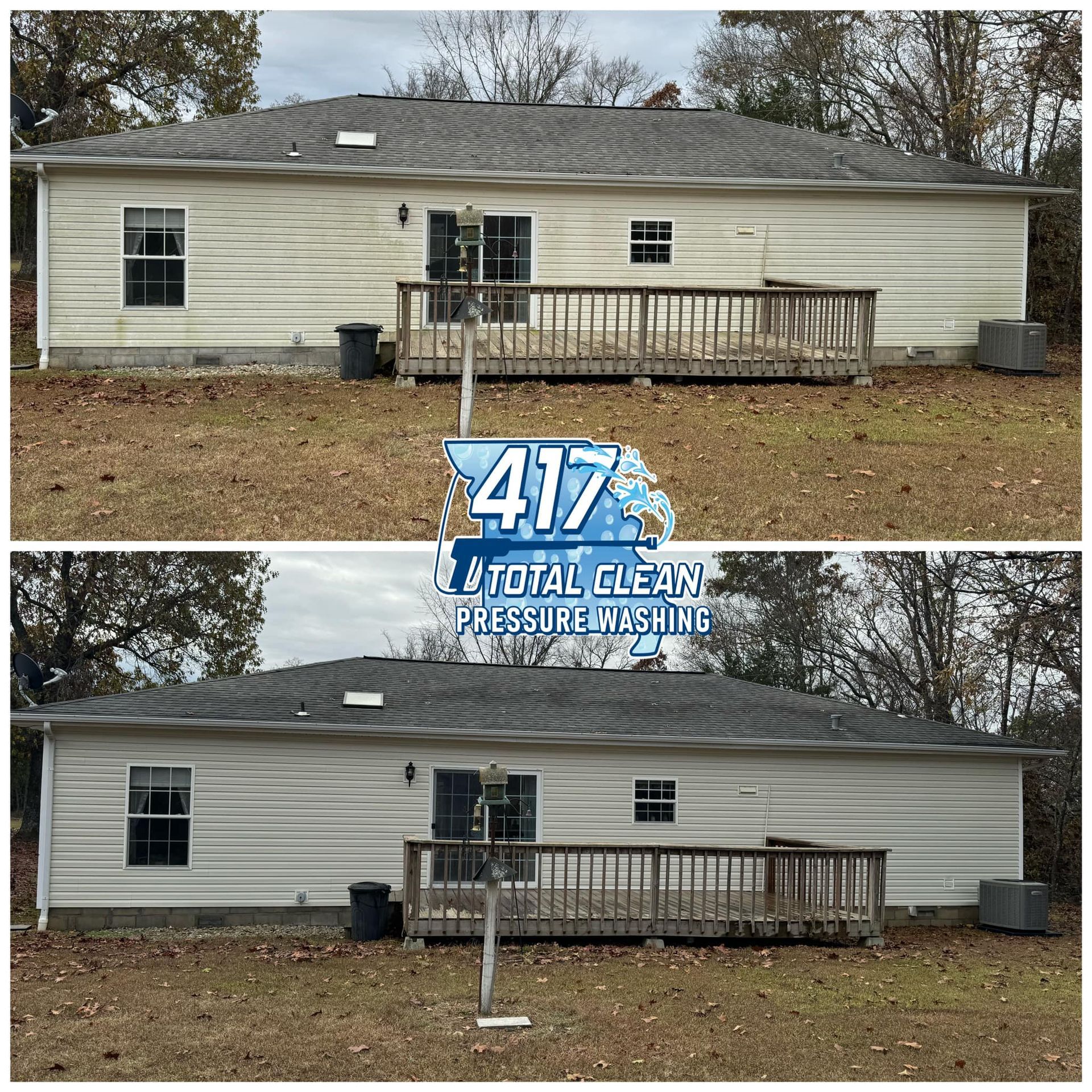 A before and after photo of a house with a deck.