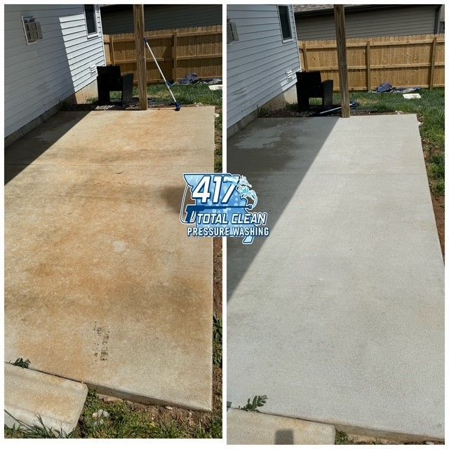 A before and after photo of a concrete driveway by 417 total clean pressure washing