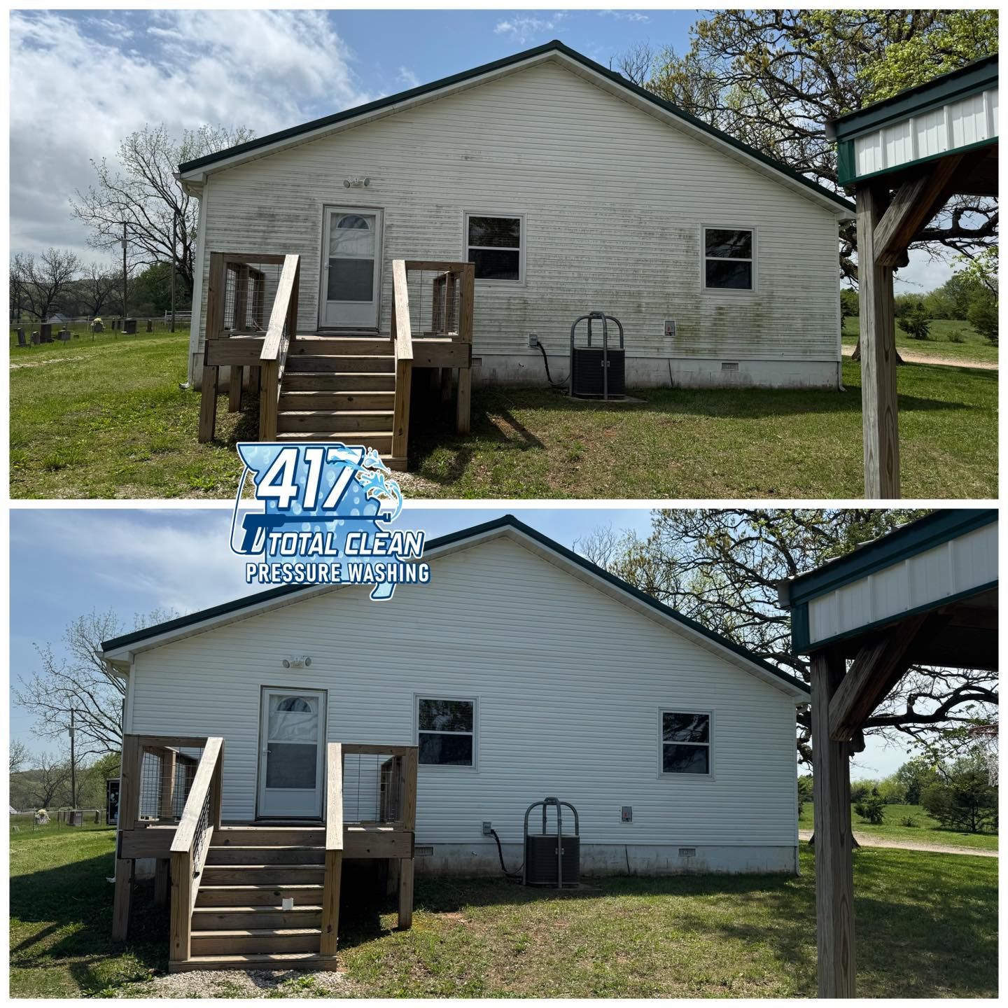 A before and after photo of a white house with a deck.