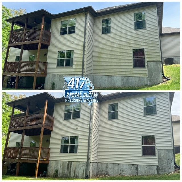 A before and after picture of a house that has been pressure washed.