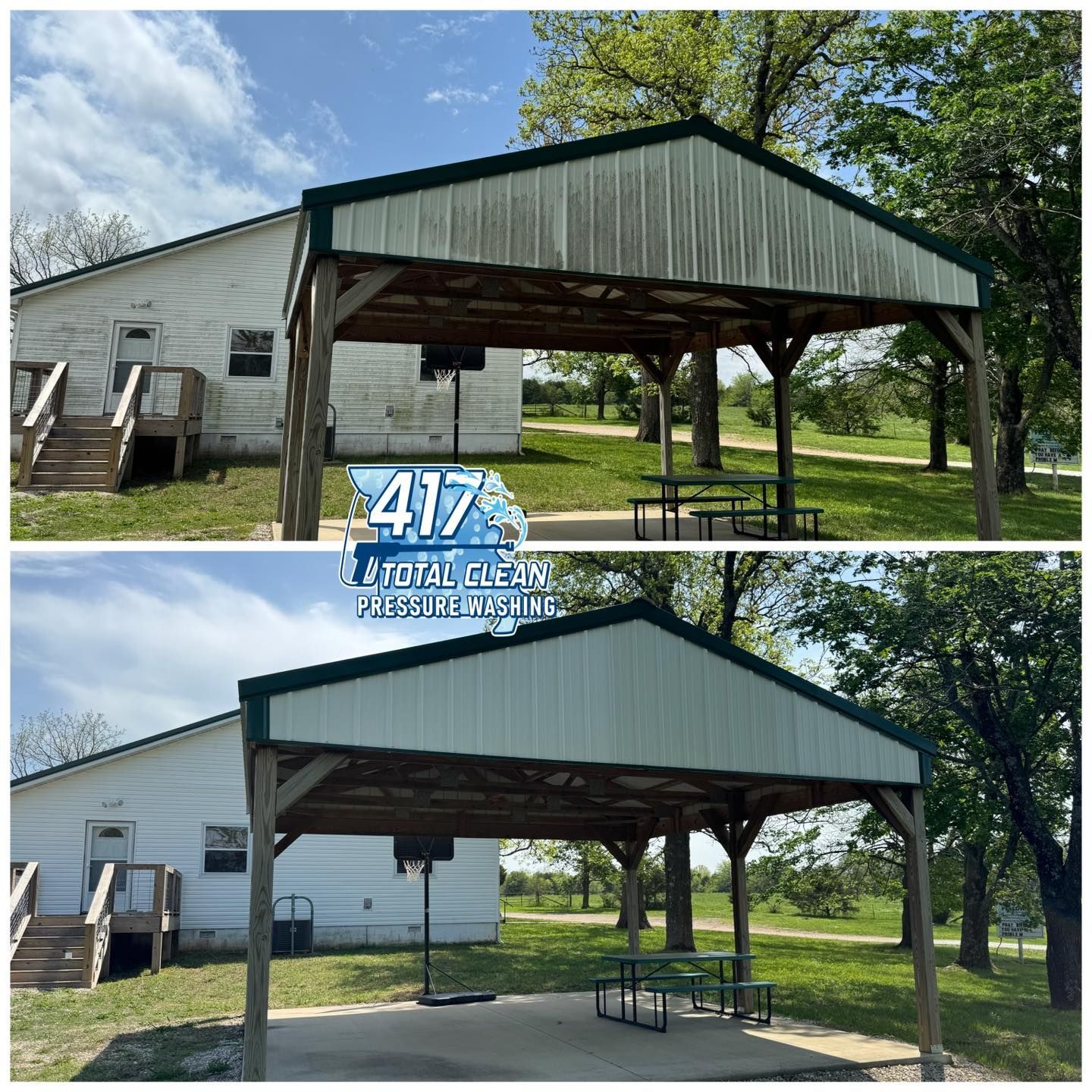 A before and after photo of a covered area in a park.