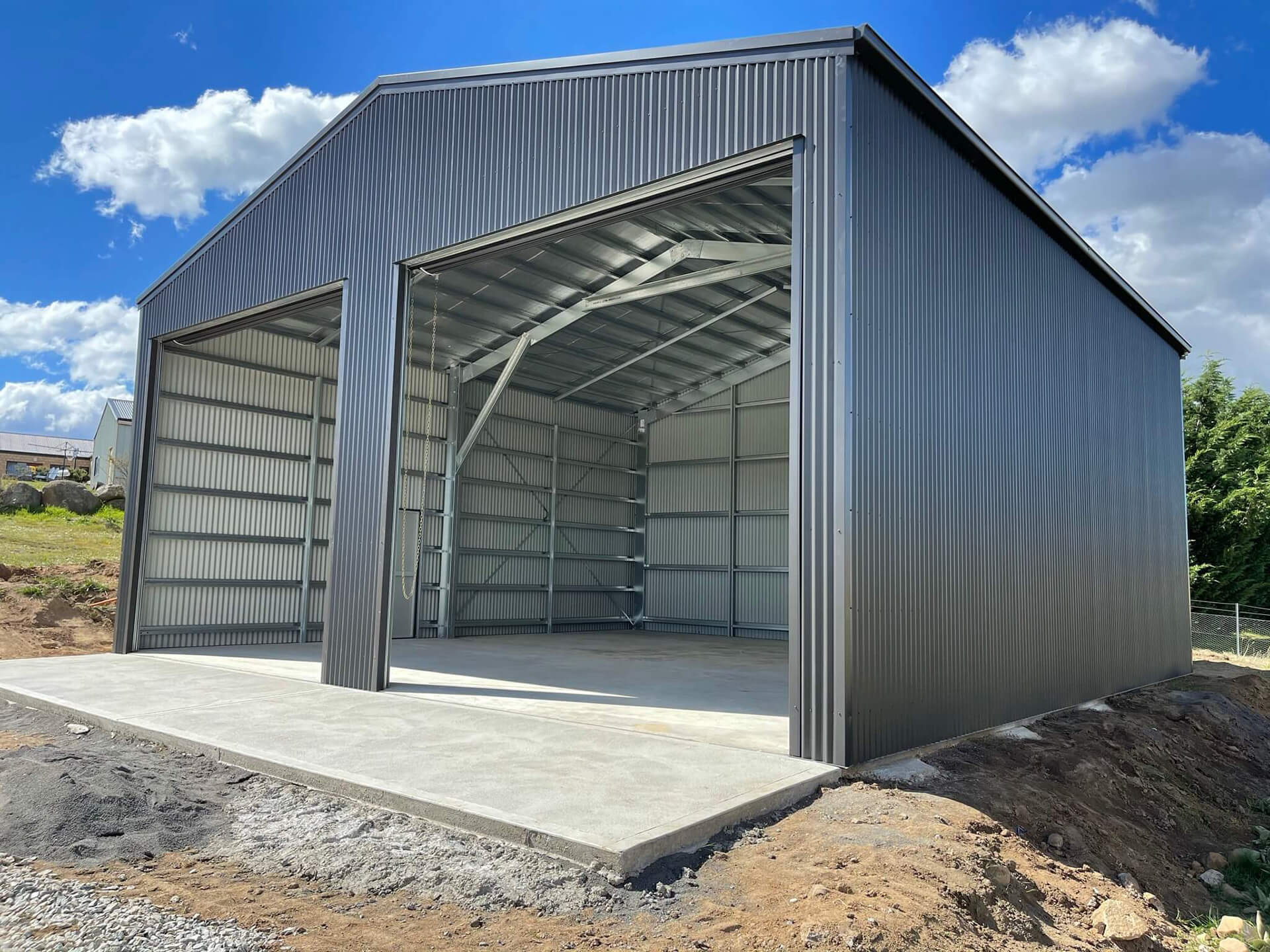 Industrial 2 door shed with open doors - Snowy Sheds
