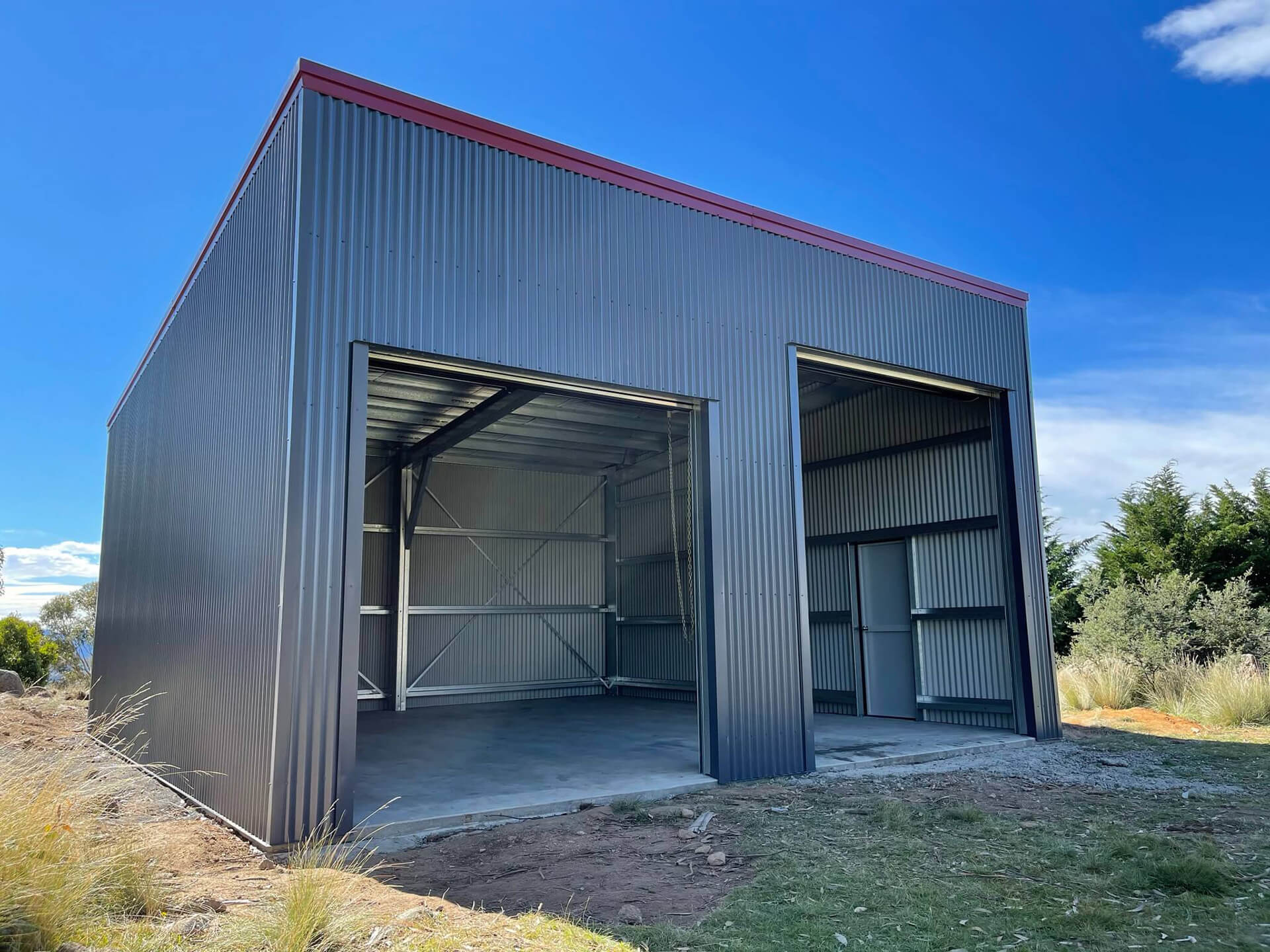 Industrial 2 door shed with open doors - Snowy Sheds