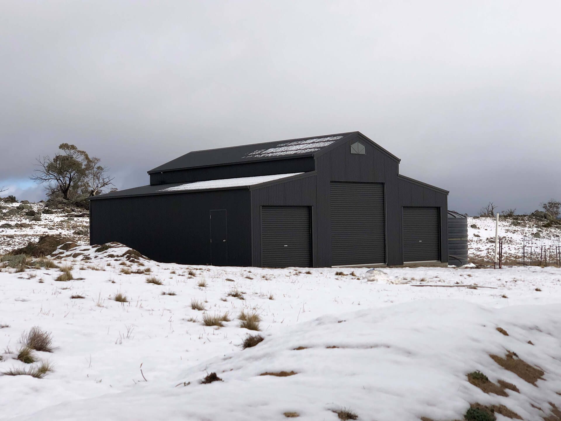 Black 3 door American style barn shed snow