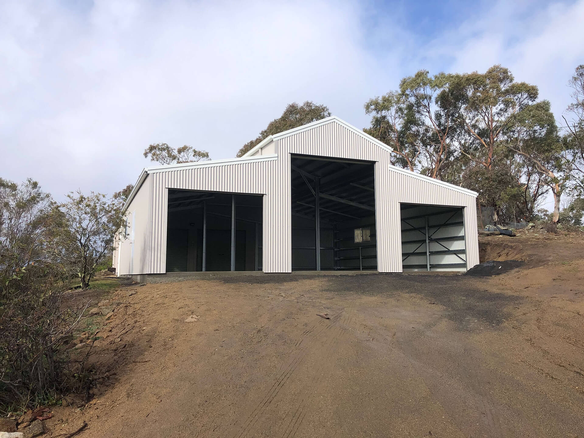 white 3 door American style barn shed  with open doors