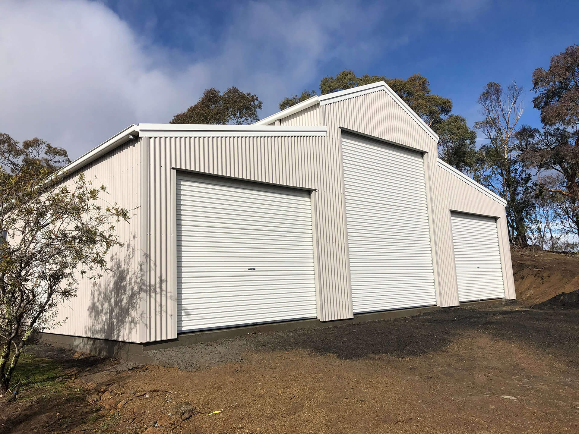 white 3 door American style barn shed with white doors
