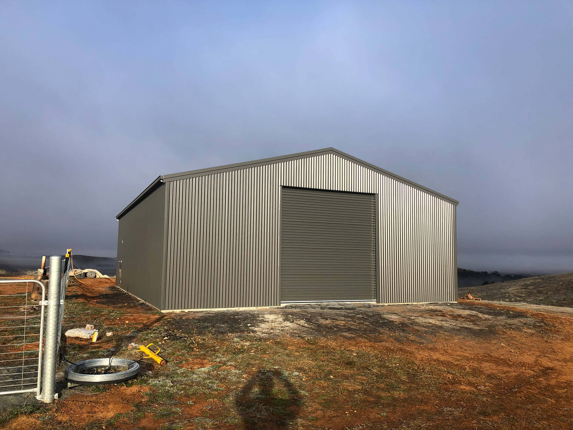 silver shed in fog - Snowy Sheds