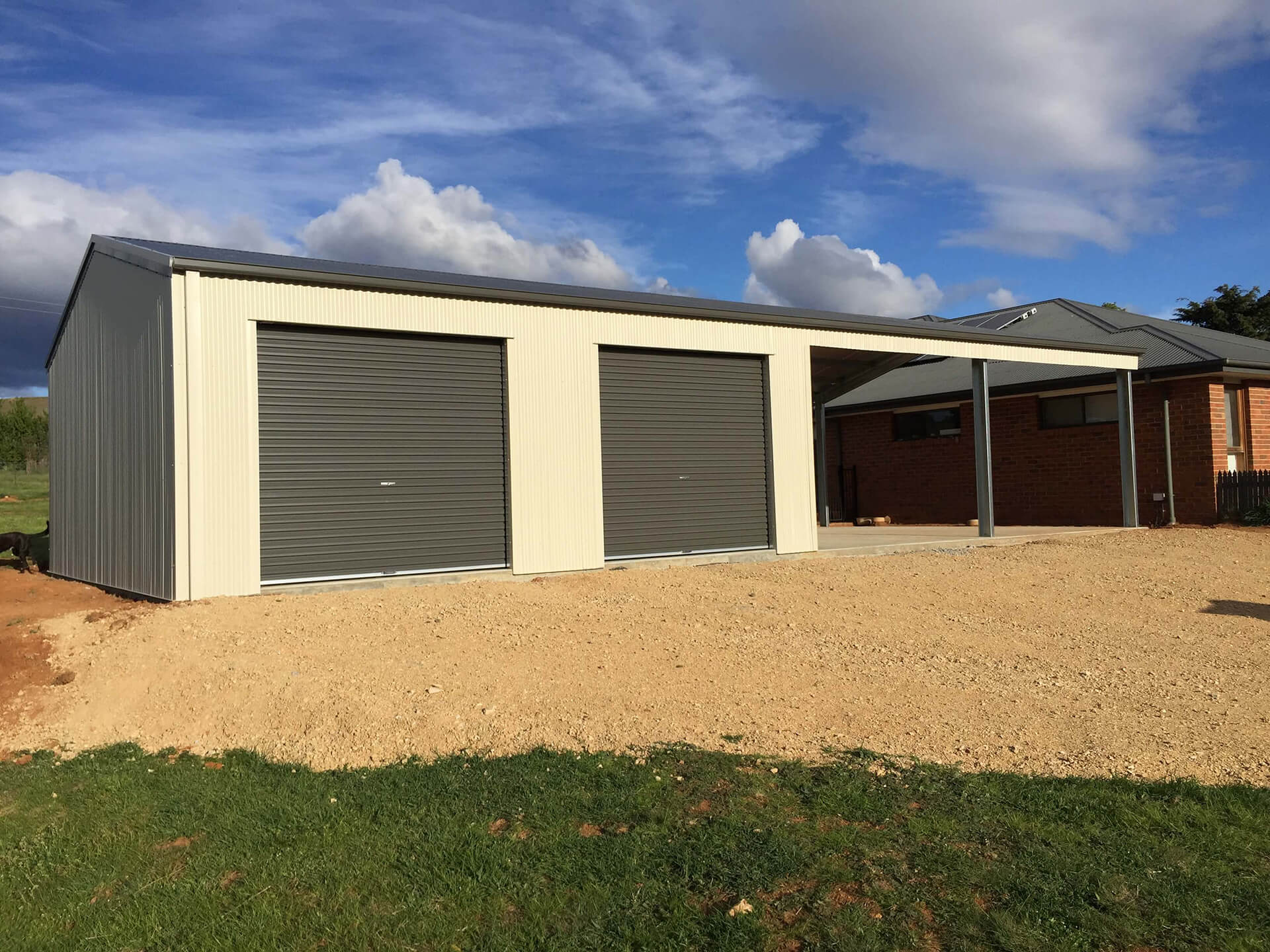 cream 2 door shed with carport  - Snowy Sheds
