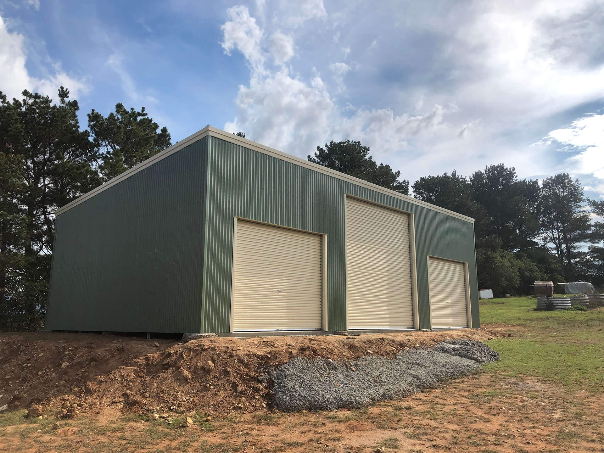 green 3 door shed with white doors