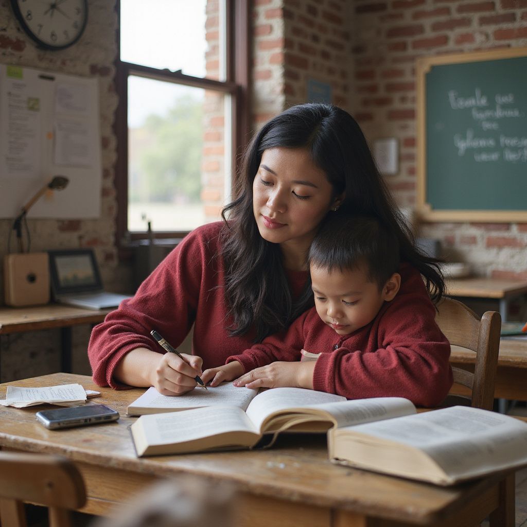 Una donna aiuta un bambino a scrivere seduto alla scrivania, mentre i libri sono aperti in classe.