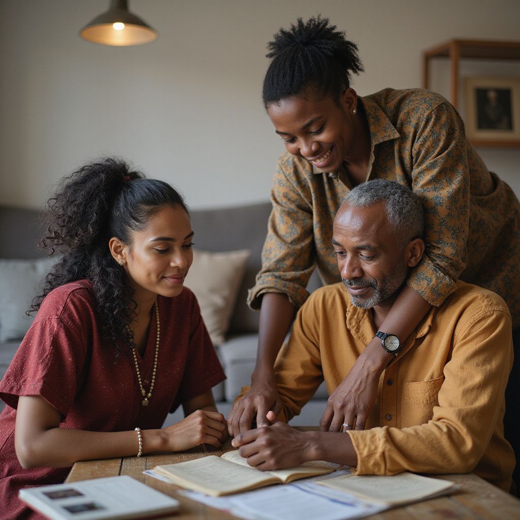 Tre persone sedute a un tavolo leggono un libro; la persona in fondo tiene il braccio intorno alla persona anziana.