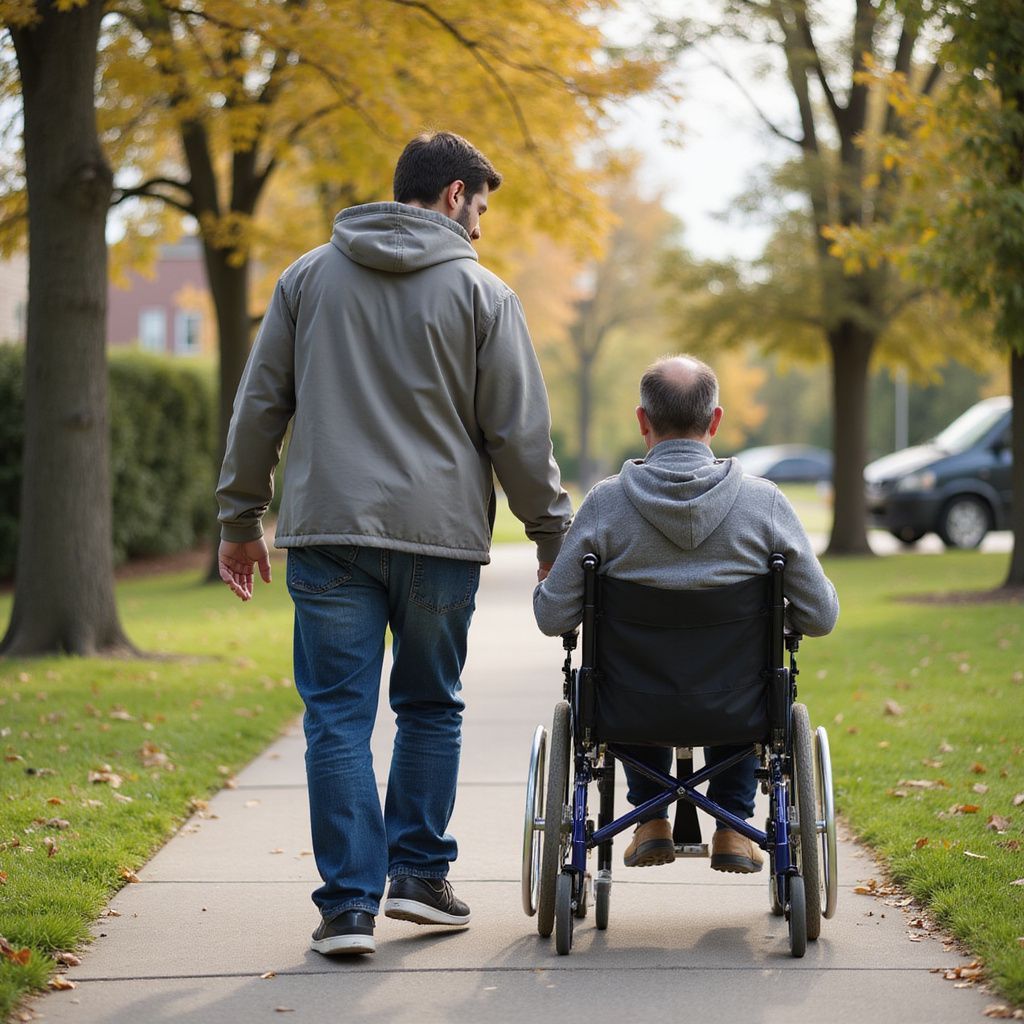 Un uomo aiuta un altro uomo in sedia a rotelle