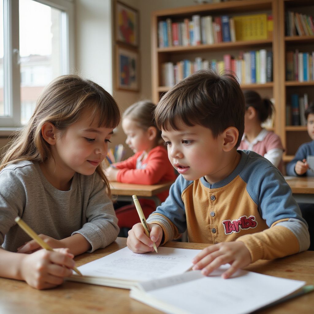 Due bambini scrivono su un quaderno seduti a un banco in un'aula insieme ad altri bambini e a una libreria.