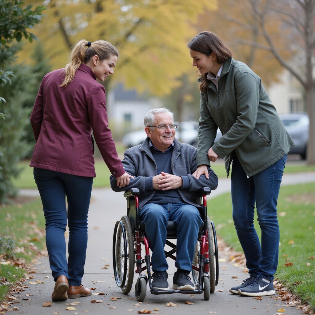 Due donne assistono un uomo in sedia a rotelle sul marciapiede. Una gli tiene il braccio, l'altra la spalla.