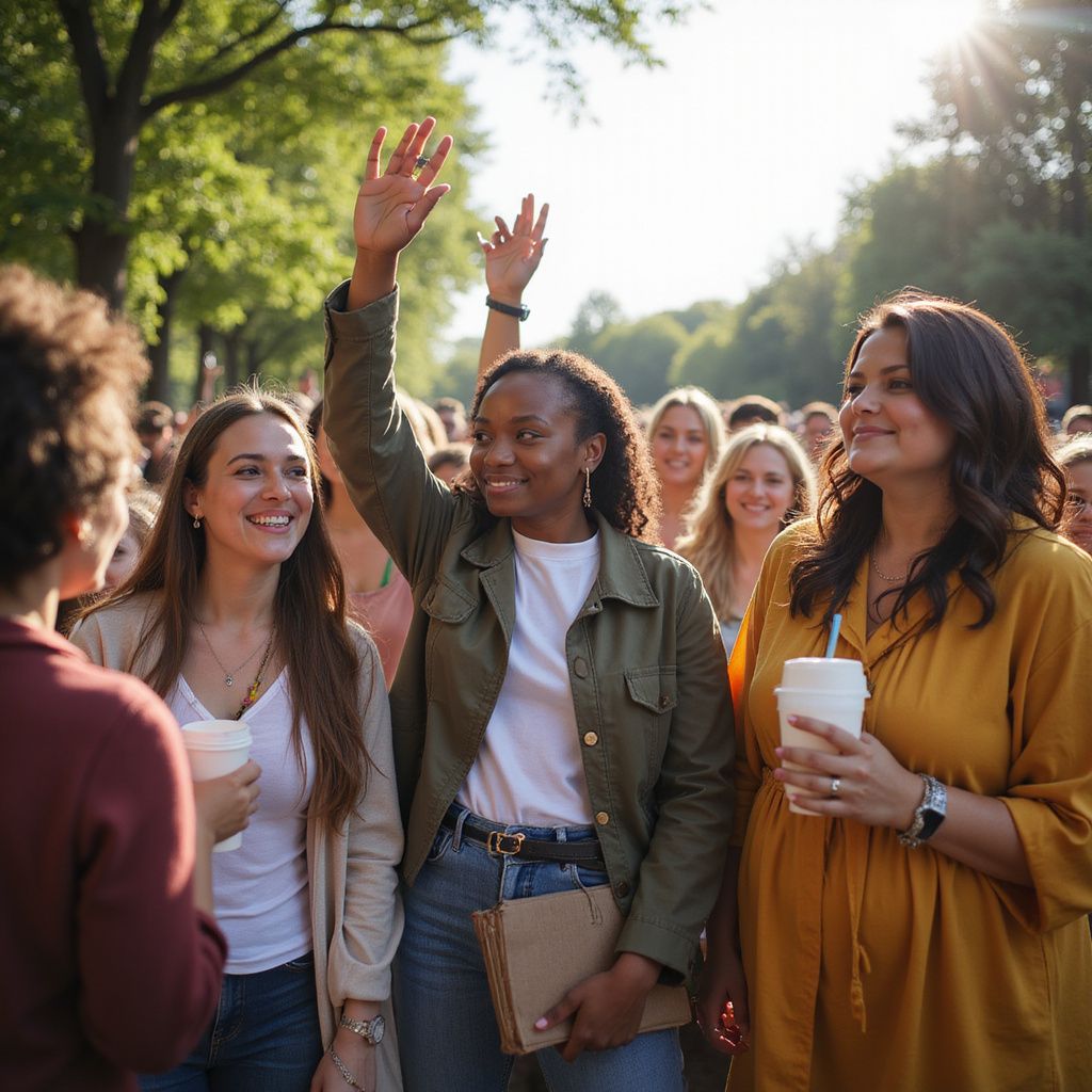 Gruppo di donne sorridenti, una delle quali alza la mano e tiene in mano delle tazze di caffè, all'aperto.