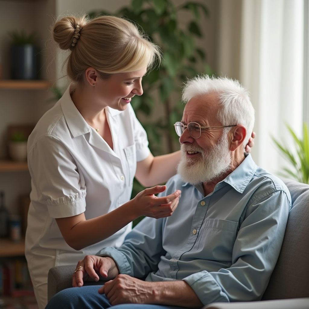Un'assistente assiste un uomo anziano, entrambi sorridenti, in un ambiente domestico.