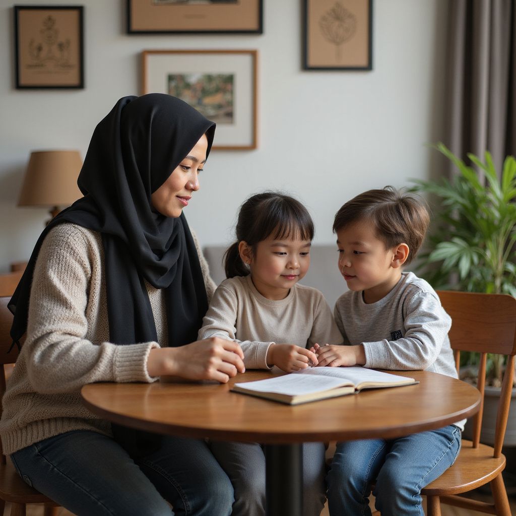 Donna con l'hijab legge un libro insieme a due bambini seduti a un tavolo rotondo.