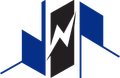 Abstract blue and black geometric logo with a white zigzag lightning shape in the center
