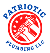 Logo: Patriotic Plumbing LLC with a wrench in a fist inside a red circle with stars, blue text.