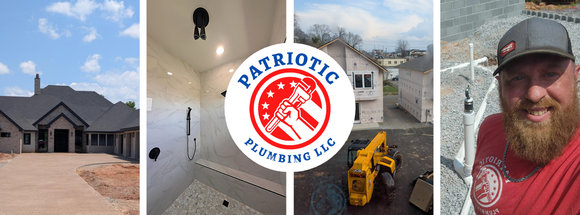 Collage with house, bathroom, logo, and worker.