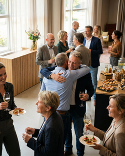 Mensen onder elkaar op een receptie, sommigen omhelzen elkaar, terwijl ze drankjes en kleine schaaltjes met eten vasthouden.