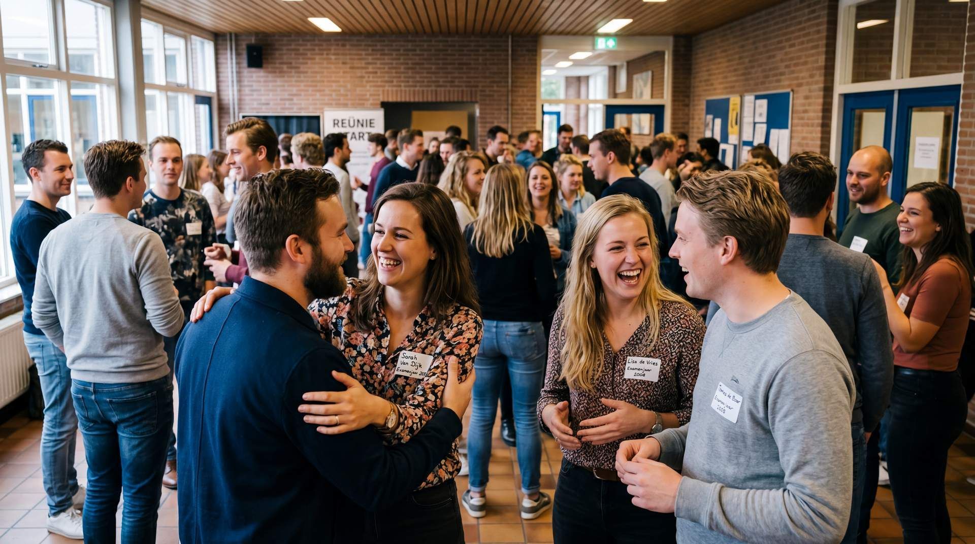Mensen praten met elkaar in een drukke, overdekte evenementenhal met bakstenen muren en grote ramen.