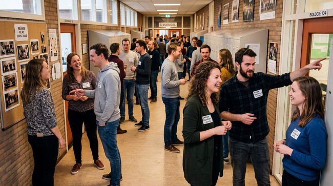 Mensen komen buiten samen, vlakbij een bakstenen gebouw.