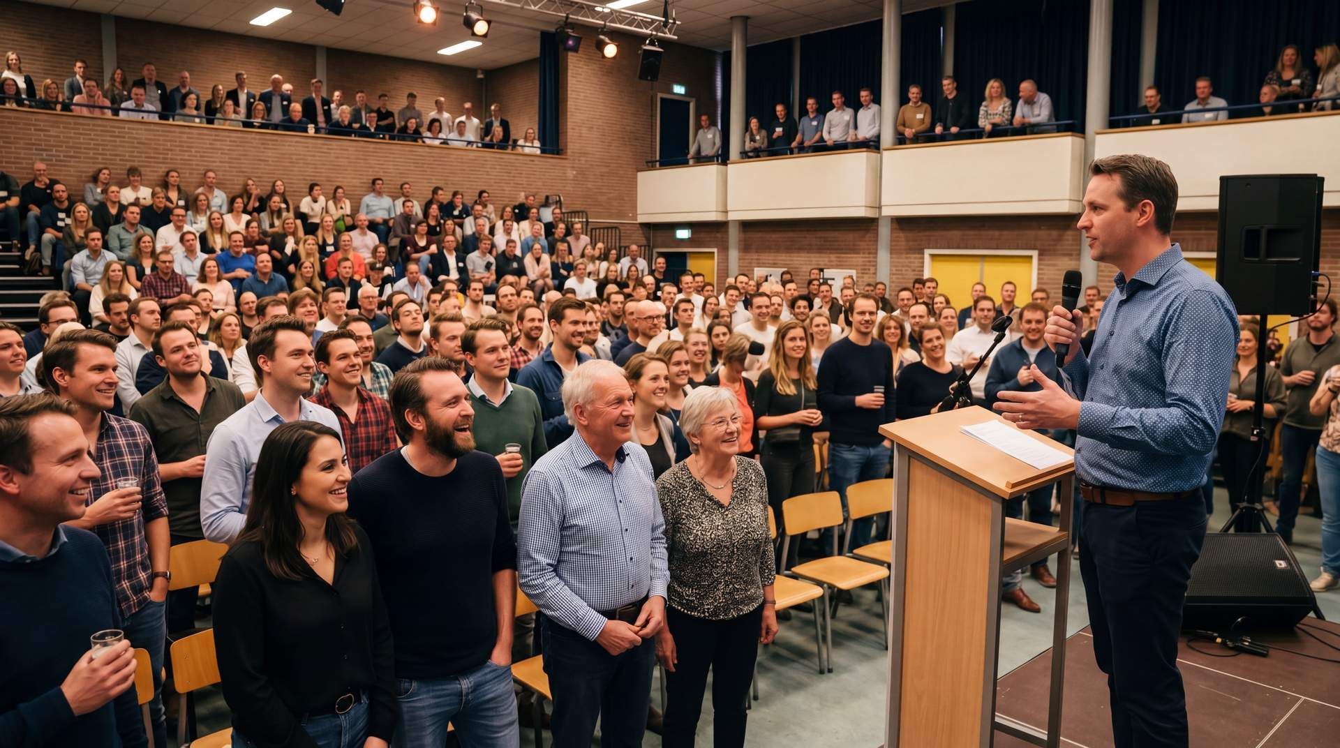 Een spreker spreekt een volle collegezaal toe, staand achter een podium terwijl de mensen aandachtig luisteren.