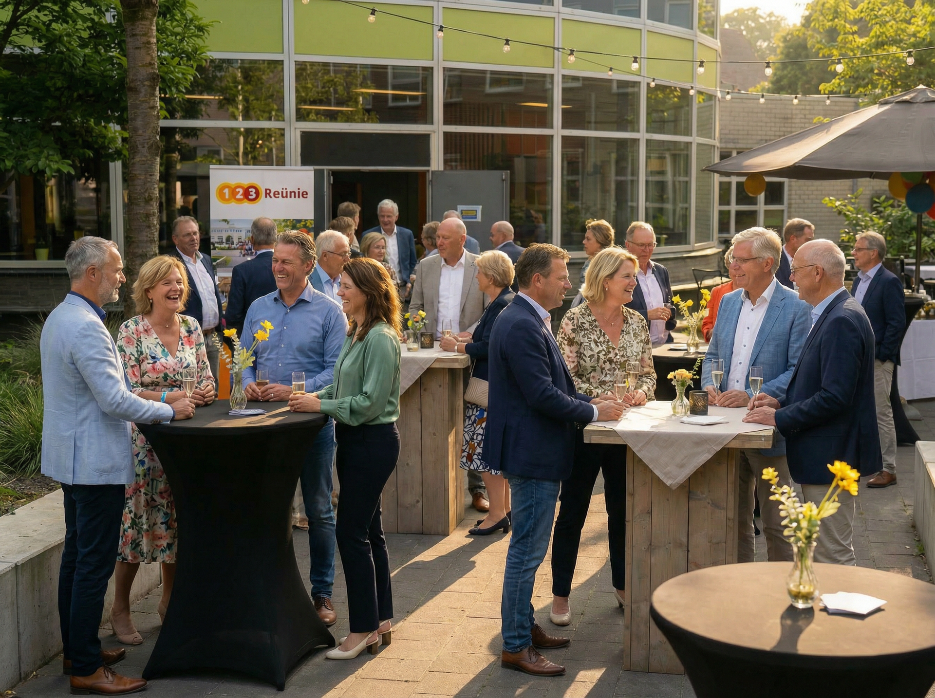 Een groep mensen zit buiten bij tafels te socialiseren. Sommigen houden een drankje vast; op de acht
