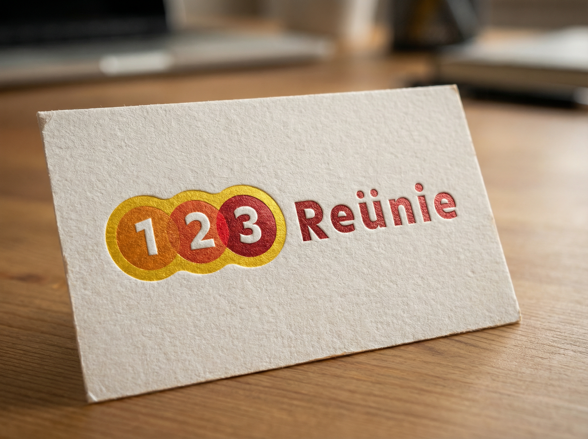 Crèmekleurige kaart met logo: oranje en rode cirkels met de tekst