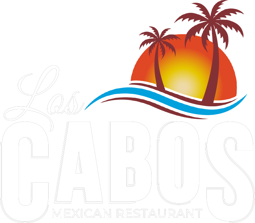 A logo for los cabos mexican restaurant with a sunset and palm trees