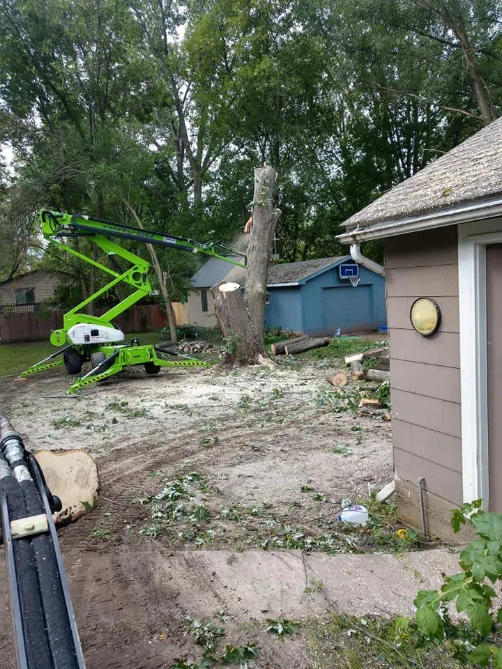 A green boom lift parks next to a large tree trunk being cut down in a residential yard near a house and garage.