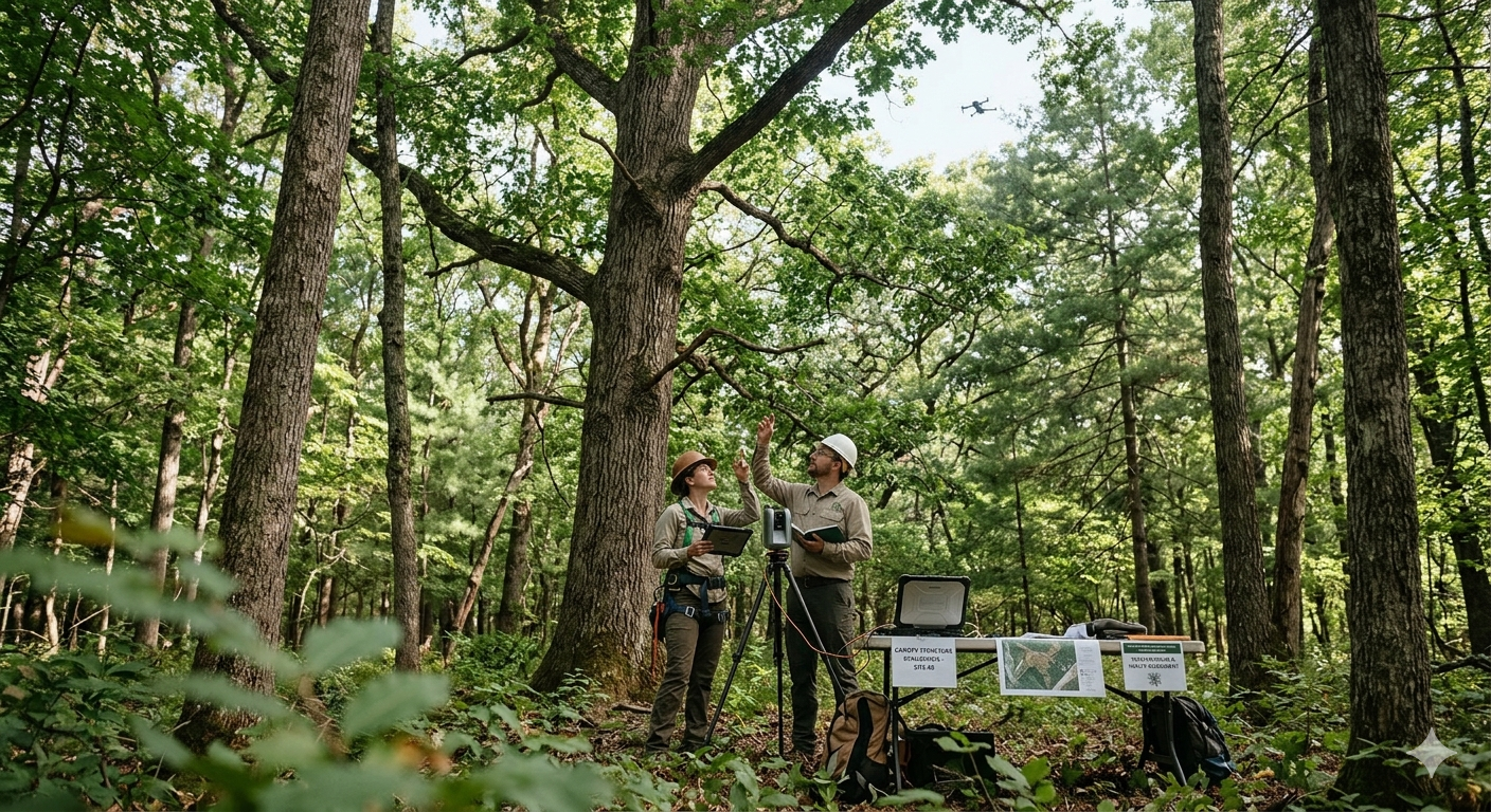 Two foresters in hard hats and field gear work with tablets and equipment at a portable table in a sunlit forest.