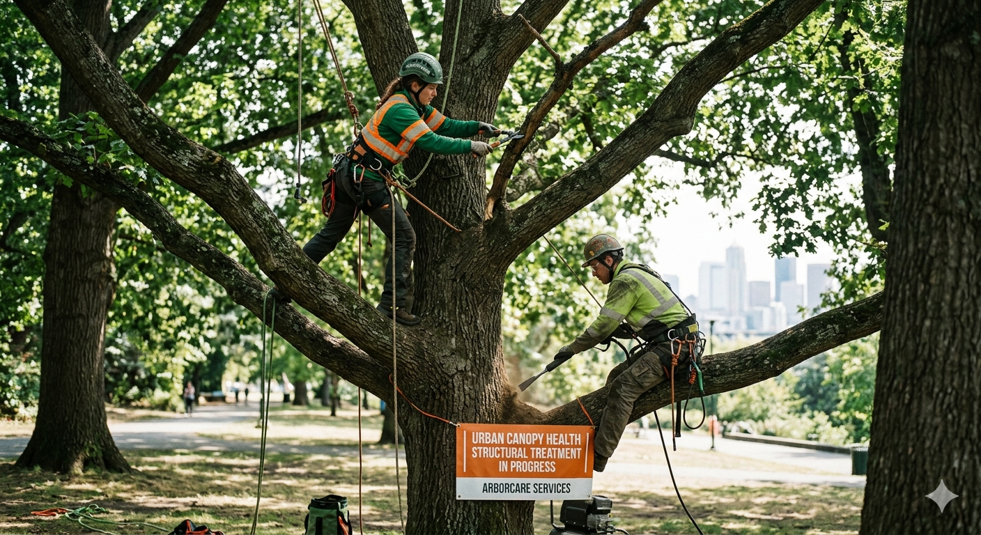 Two arborists in safety gear and harnesses climb and trim branches of a large tree in a park with a city skyline in view.