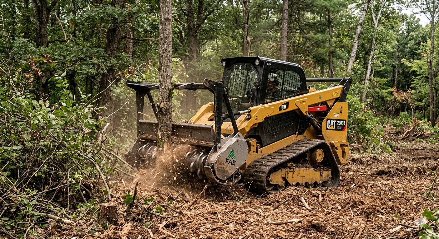 A yellow Caterpillar track loader with a forestry mulcher attachment clearing trees in a wooded area.